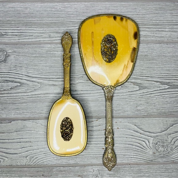 Rare 1950s Matson Vanity Hand Mirror Hair Brush Set rose flower 24k Gold Plated - Picture 2 of 16